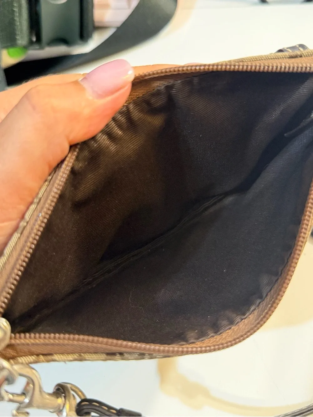 Coach Brown and Black Signature Canvas Wristlet with Buckle Detail